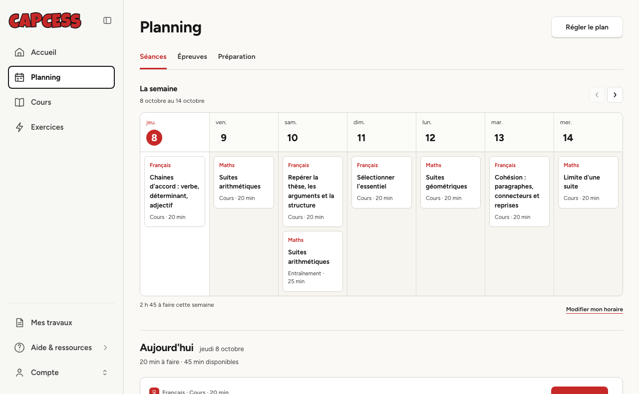 Aperçu de CapCESS : planning de la semaine et séances de français et de maths.